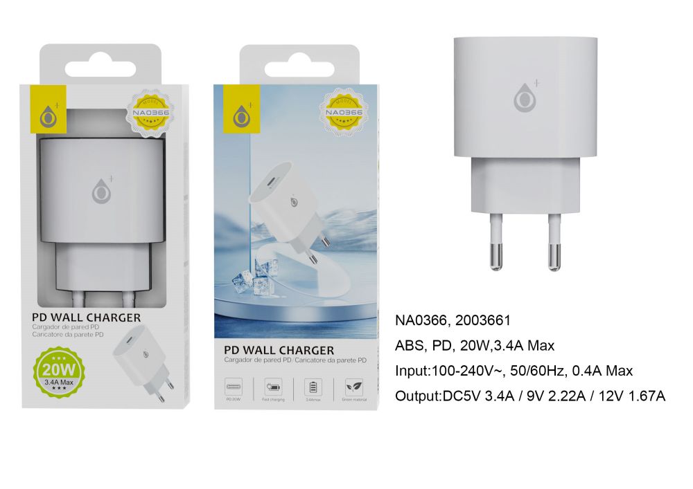 Cargador Adaptador Pared con puerto tipo C PD 1USB 20W 3.4A NA0366