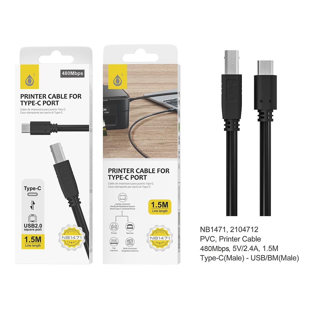 Cable Impresora Tipo-C a USB 2.0 480Mbps/S 5V/2.4A 1.5M