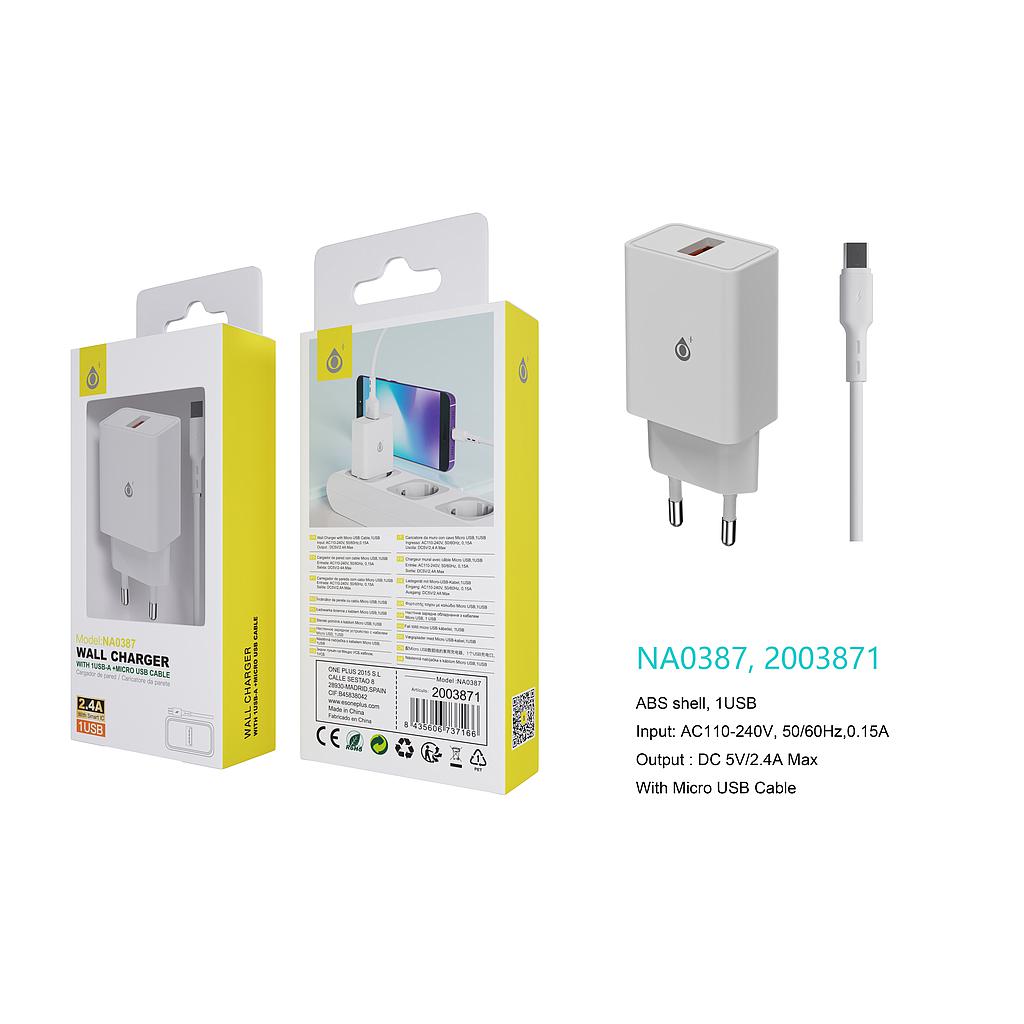 Cargador de Red KAI 1 USB Con Smart Chip Cable Micro USB  2.4A Blanco