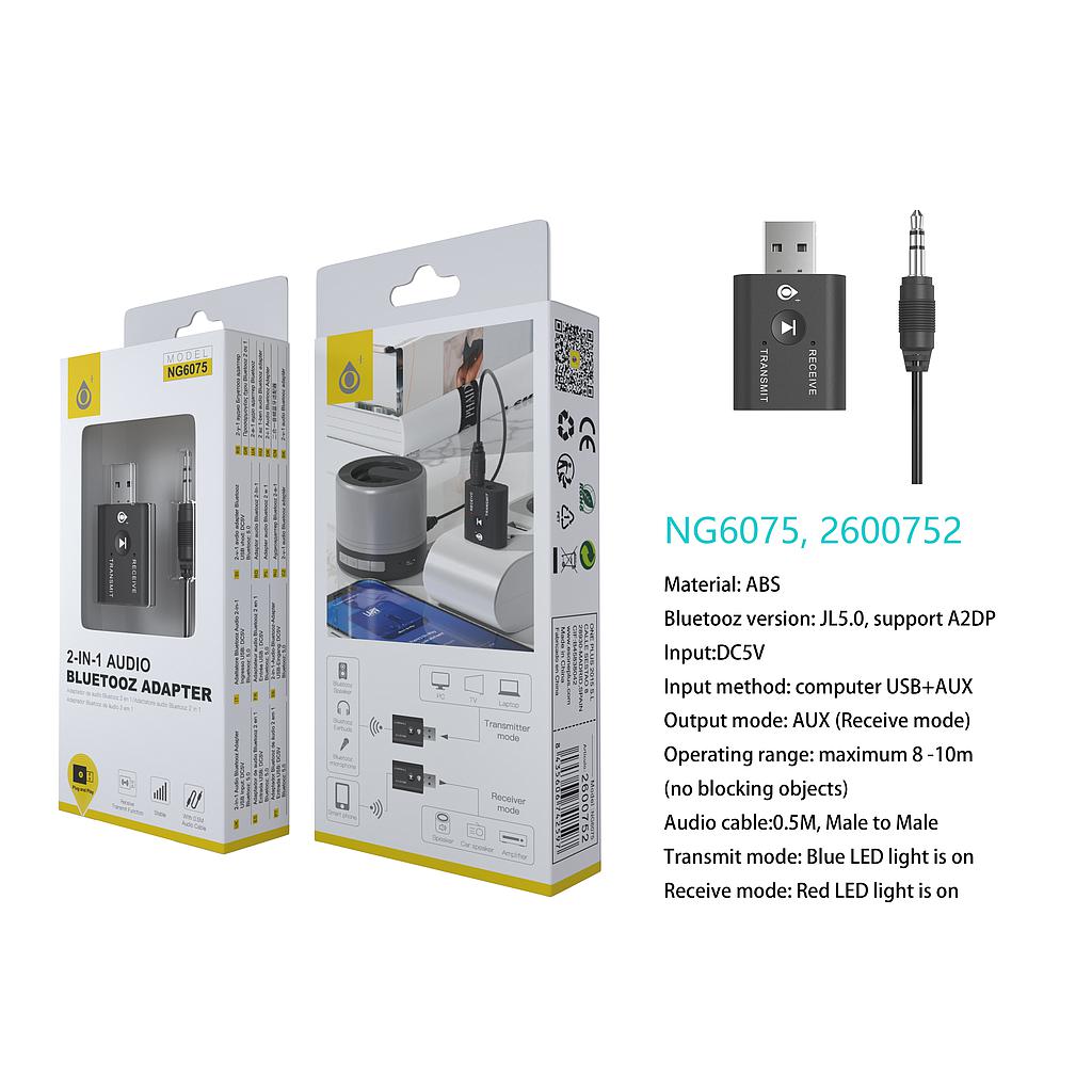 Adaptador Bluetooth 5.0 con funcion de Transmisor y Receptor cable audio 0.5m Negro