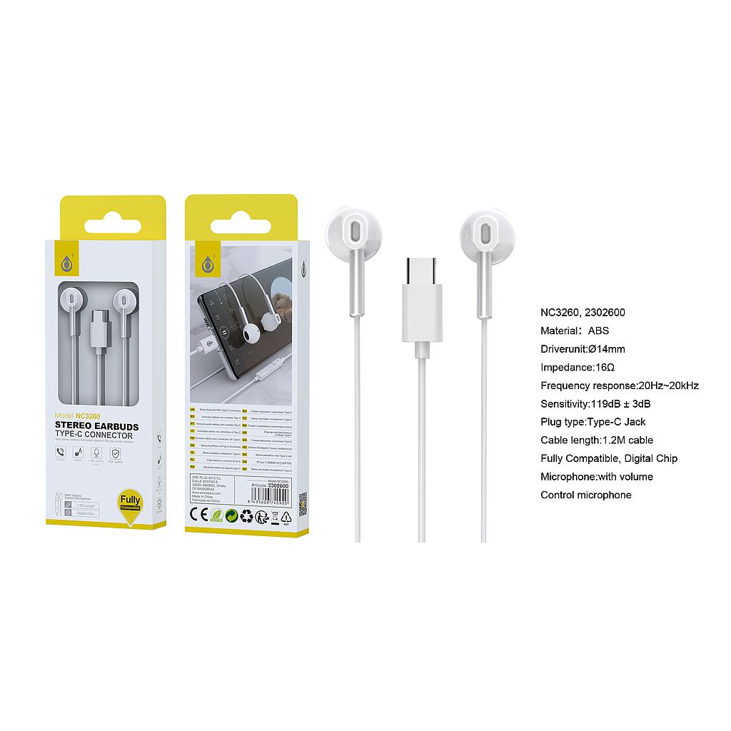 Auriculares Tipo-C Dama con Microfono y Control de Volumen Cable 1.2m Blanco