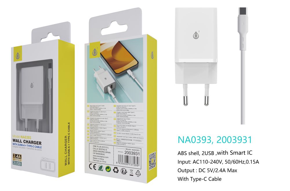 Cargador de Red KAI 2 USB Con Smart Chip Cable Tipo-C 2.4A Blanco NA0393 