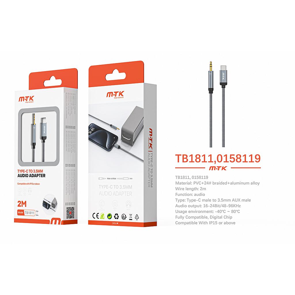 Cable de audio aluminio trenzado Tipo-C a Audio 3.5mm 2m Gris TB1811 