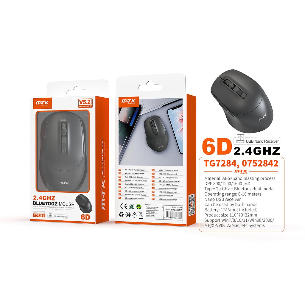 Raton Dual 6D bluetooth 5.2 y inalambrico 2.4 GHz con Nano Receptor TG7284