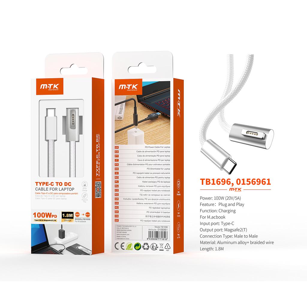Cable de carga trenzado USB-C a Magsafe para MacBook 100W/20V/5A/1.8M TB1696
