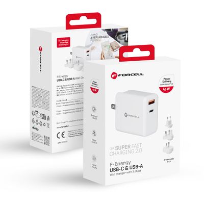 Cargador de red Forcell con enchufes intercambiables (EU / UK / US) 3-en-1 Tipo C + USB A PD QC4.0 3A 45W