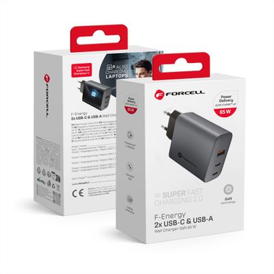 Cargador de Red GaN VT-42B 65W 2x USB Tipo C 1x USB A + funcion de carga PD y QC 4.0 4A Gris