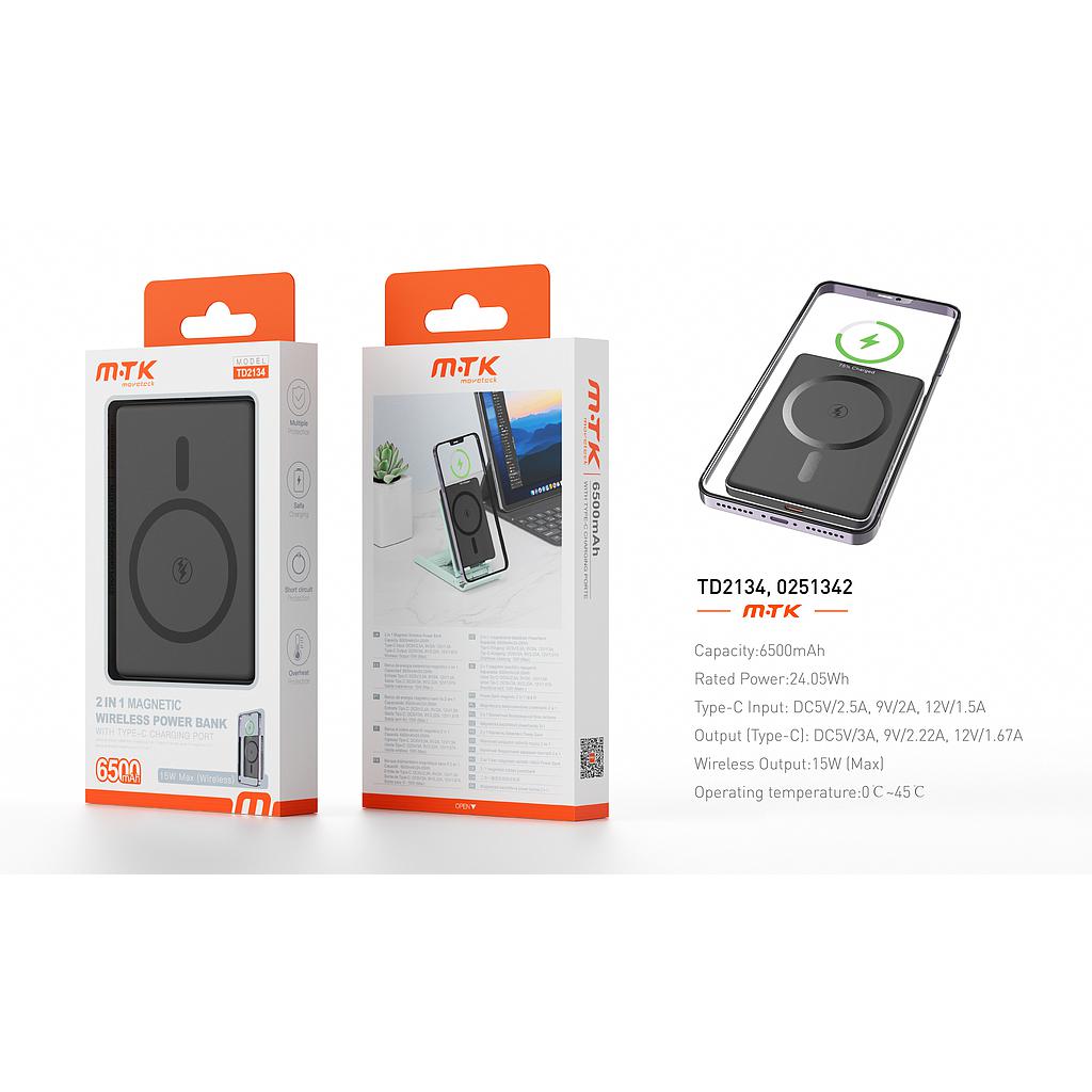 Bateria externa PowerBank Magnetica 2 in 1 6500mAh/24.05Wh, Con Carga Inalambrica 15W Max TD2134 