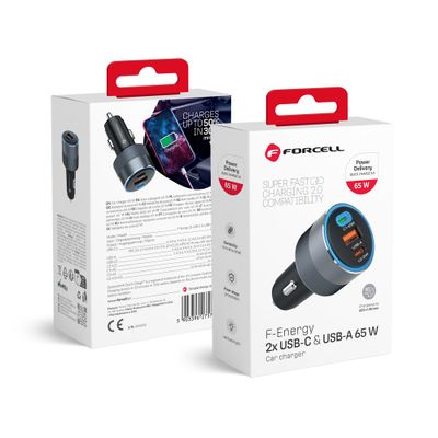 Cargador de coche 2 x Tipo C + USB A PD QC4.0 SFC2.0 4.5A 65W FORCELL F-ENERGY