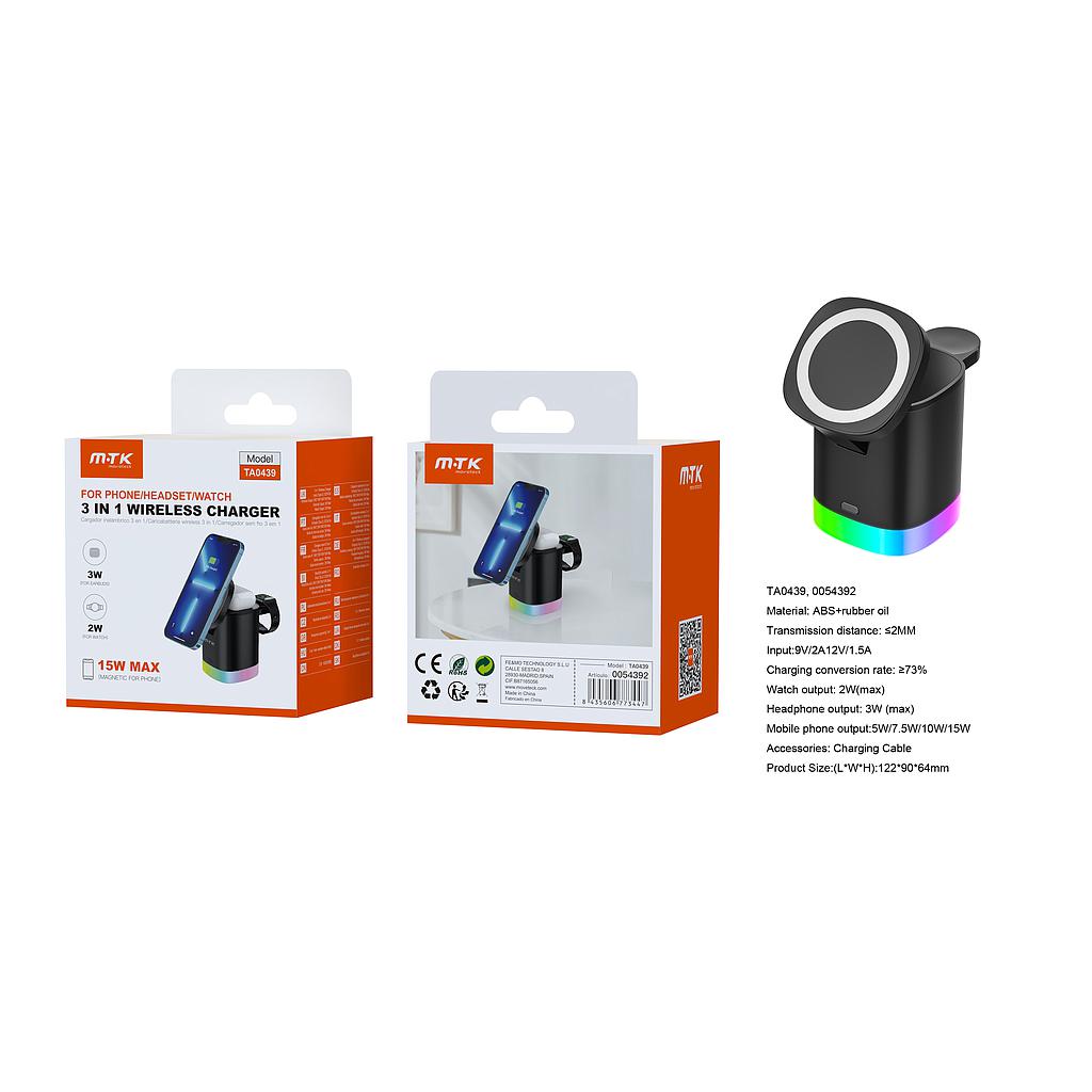 Cargador Inalambrico 3 en 1 Movil 15W/AirPods 3W/Iwatch 2W con cable tipo C 9V/2A TA0439 Negro