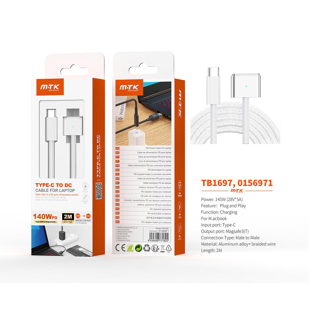 Cable de carga trenzado USB-C a Magsafe 3 para MacBook 140W/28V/5A TB1697